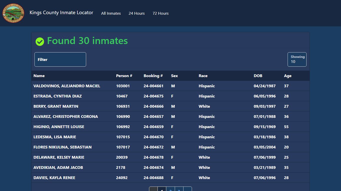 Inmates Booked in the Last 72 Hours - Kings County, California