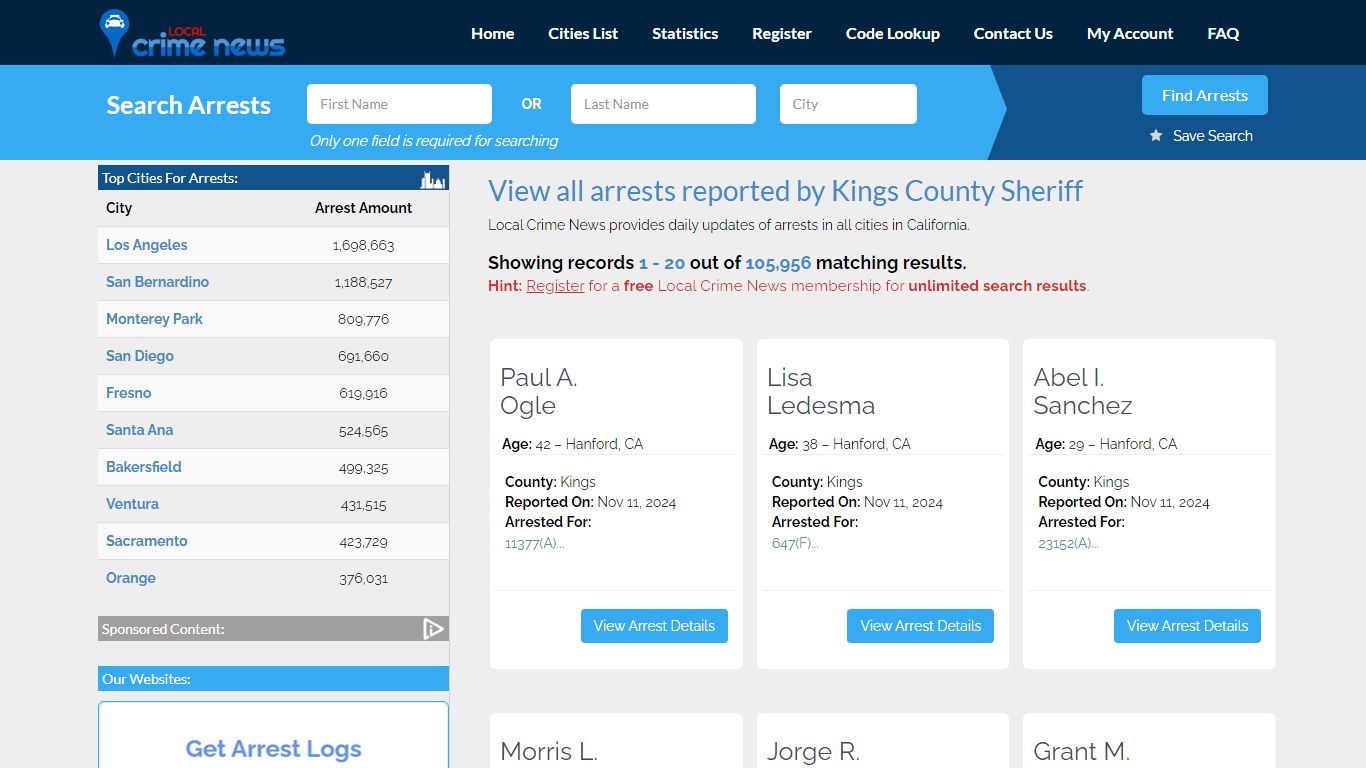 Arrests reported by Kings County Sheriff | Local Crime News